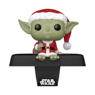 Funko Pop do Yoda de Natal com base preta e logo Star Wars