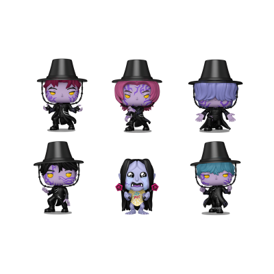 Seis figuras de vinil com pele roxa e olhos amarelos, cinco com chapéu preto e roupas pretas, uma segurando um saco de batatas fritas.