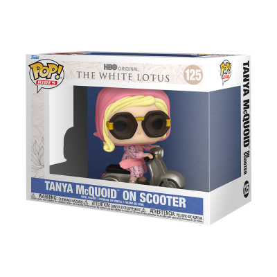 Figura Funko Pop! Tanya McQuoid sentada numa scooter, embalagem da série The White Lotus