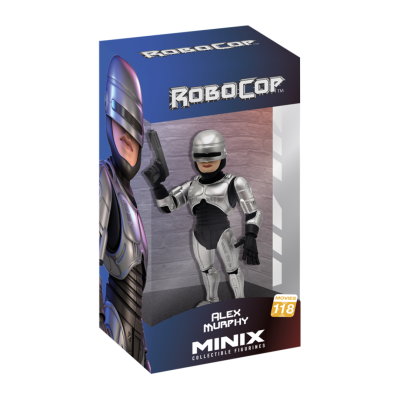 Figura colecionável Robocop Alex Murphy em caixa azul e cinzenta