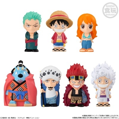 Sete figuras de personagens animadas coloridas em fundo branco com logotipo BANDAI SHOKUGAN