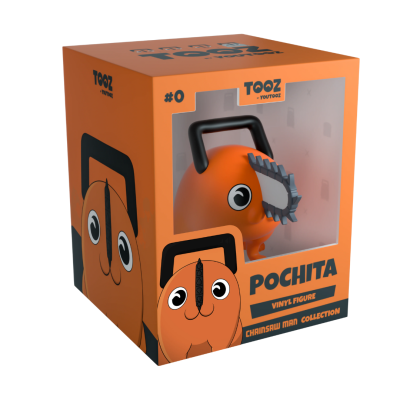 Figura vinyl Pochita na embalagem com fundo laranja e janela transparente