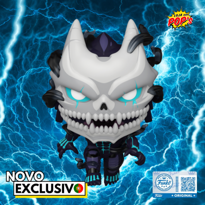 Figura Funko Pop máscara caveira branca olhos brancos corpo preto azul relâmpagos texto exclusivo