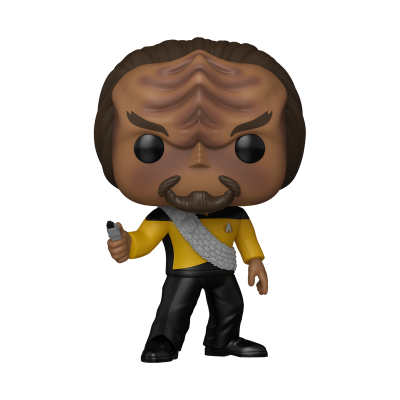 Funko Pop Worf de Star Trek com uniforme amarelo e preto e blusa texturizada cinzenta