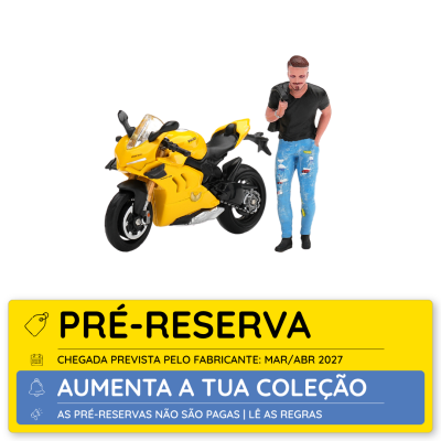 Miniatura de mota Ducati amarela com figura masculina e texto de pré-reserva