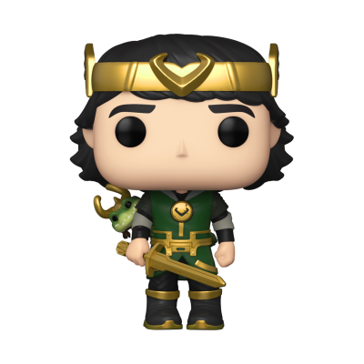 Figura colecionável de vinil do Loki com roupa verde e dourada e pequeno boneco verde nas costas