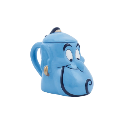 Caneca azul em forma de gênio com tampa e alça