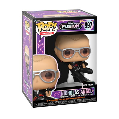 Figura Funko Pop! Nicholas Angel Hot Fuzz em caixa roxa com texto e número 997