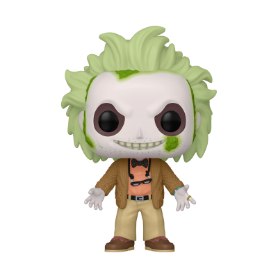Figura Funko Pop do personagem Beetlejuice com cabelo verde claro despenteado e roupa castanha e bege