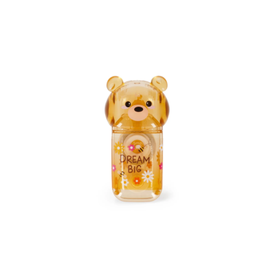 Mini dispenser amarelo translúcido em forma de urso com texto e flores