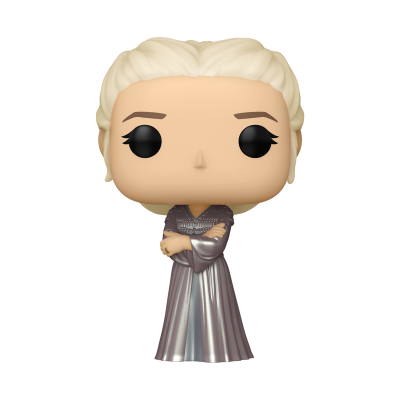 Figura Funko Pop loira com vestido prateado e braços cruzados