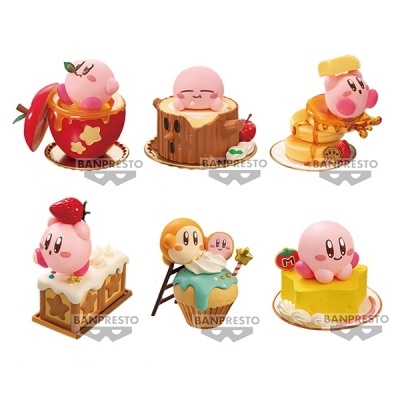 Seis figuras coloridas de personagens cor-de-rosa com temas de comida e bolos