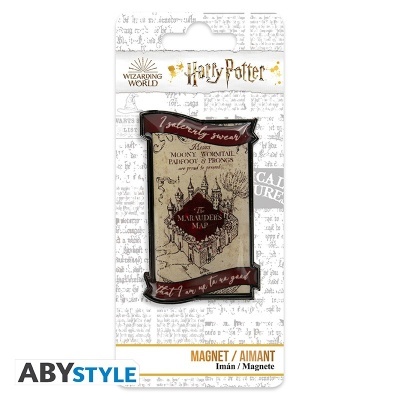 Imã Harry Potter formato pergaminho com texto e mapa em embalagem branca