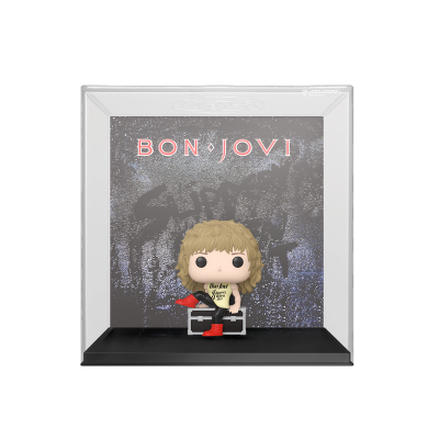 Funko Pop de Jon Bon Jovi em caixa transparente com fundo BON JOVI
