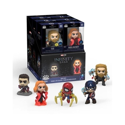 Figuras colecionáveis Funko Pop da Marvel Infinity Saga com caixas e personagens em vinil