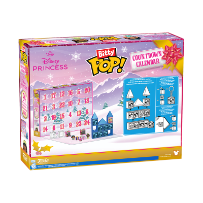 Caixa do calendário de contagem decrescente Disney Princess Bitty Pop! com cores rosa e ilustração de castelo
