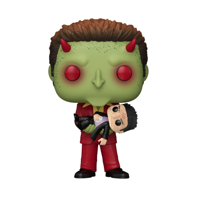 Bonecos Funko Pop de personagens fictícios, um segurando o outro, sem fundo.