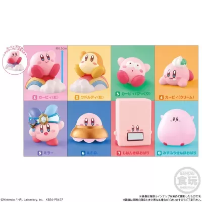 Oito figuras de Kirby em várias formas coloridas com numeração em fundo colorido