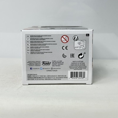 Caixa branca com texto e logos de segurança e reciclagem
