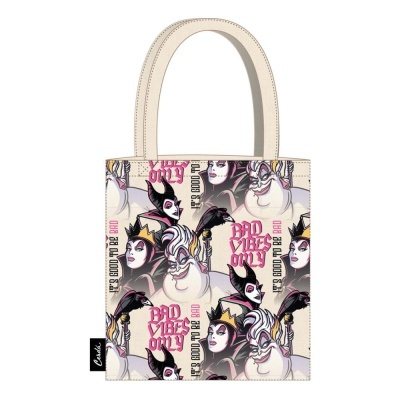 Mala tote em tecido com padrão de personagens de desenho animado, texto 'BAD VIBES ONLY' e alças creme.
