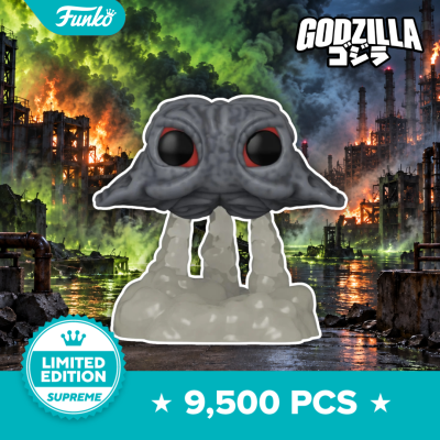 Figura Funko Pop Godzilla edição limitada Supreme com base de vapor, fundo industrial em chamas.