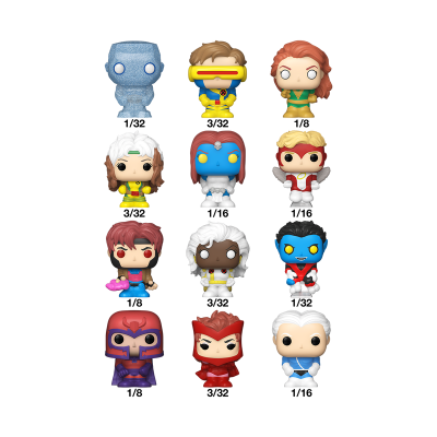 Doze figuras Funko Pop de personagens dos X-Men variadas em cores e designs