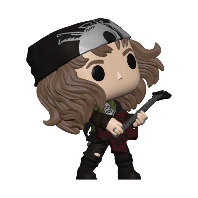 Figura Funko Pop de personagem com bandana preta e guitarra vermelha