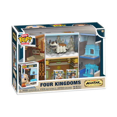 Caixa de conjunto Funko Pop Bitty Boo Four Kingdoms de Avatar The Last Airbender com figuras e maquetes nas cores azul, castanho e cinzento