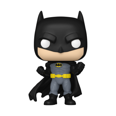 Boneco colecionável Funko Pop do Batman em traje cinza e preto com cinto amarelo