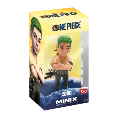 Figura colecionável Minix de Zoro da série One Piece em caixa amarela e azul