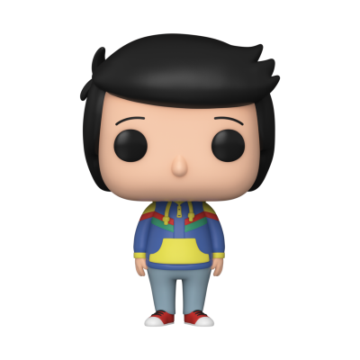 Boneco Funko Pop de vinil com camisola azul, amarela e vermelha e calças cinzentas