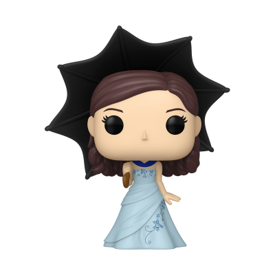 Miniatura de boneca Funko Pop com vestido azul e guarda-chuva preto