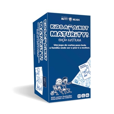 Caixa azul escuro do jogo de cartas Kids Against Maturity Edição Ilustrada com desenhos de crianças e cartas