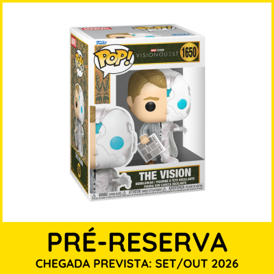Boneco Funko Pop! The Vision metade humana metade robótica em caixa com sinal de pré-reserva setembro/outubro 2026