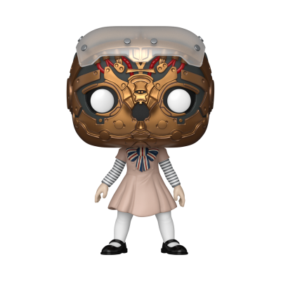 Figura Funko Pop com cabeça robótica dourada e vestido rosa