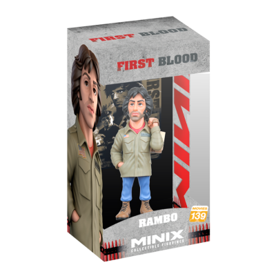 Figura colecionável Minix Rambo na embalagem com texto e imagem da personagem.
