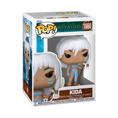 Figura POP de vinil Kida Atlantis com cabelo branco e roupa azul na caixa