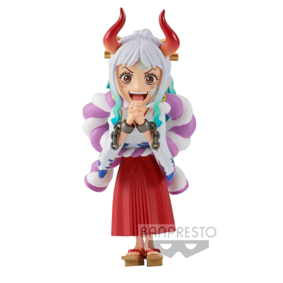 Figura colecionável de personagem com chifres vermelhos e cabelo branco e azul