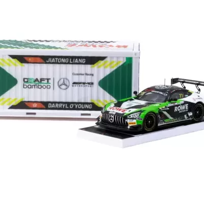 Miniatura de carro de corrida Mercedes-AMG GT3 com embalagem em forma de contentor