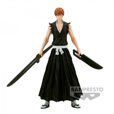 Figura de personagem masculino com roupas pretas, duas espadas e cabelo castanho