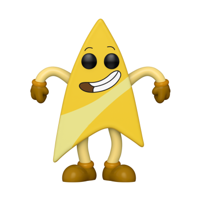 Figura animada de seta amarela com rosto sorridente e luvas castanhas