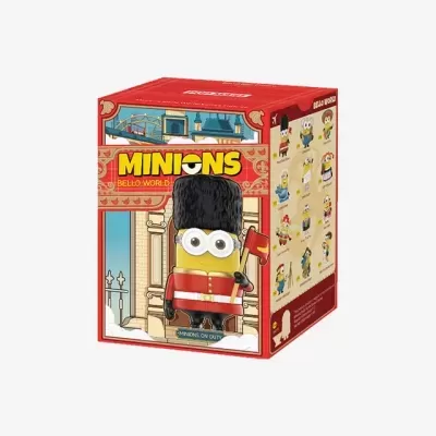 Caixa vermelha e bege com imagem de Minion vestido como guarda real britânico e texto Minions Bello World