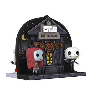 Bonecos Funko Pop de Sally e Jack frente a casa com contador de Halloween