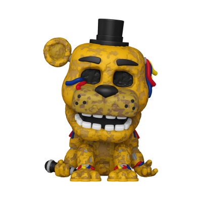 Figura colecionável de urso amarelo manchado com chapéu preto e fios coloridos