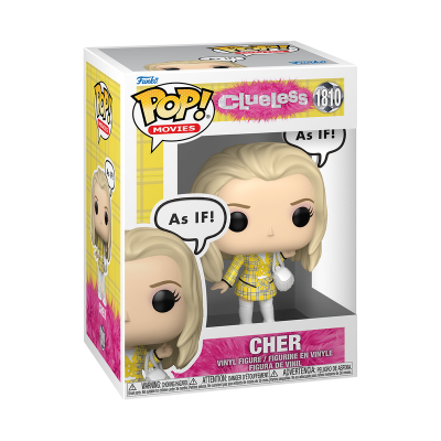 Figura Funko Pop! Cher do filme Clueless, cartão colorido com texto e vinil amarela e branca.