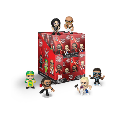 Caixa vermelha de figuras Funko Mystery Minis WWE com 6 mini figuras de wrestlers em vinil
