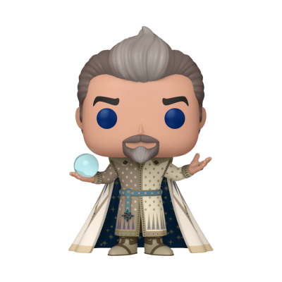 Figura Funko Pop personagem masculino com túnica bege, capa branca e esfera azul