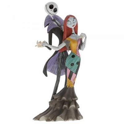 Estatueta do casal Jack Skellington e Sally em roupa colorida com camada inferior castanha