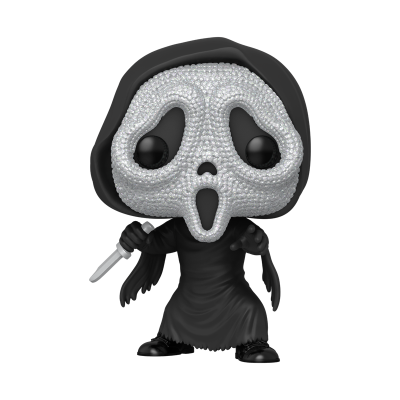 Figura Funko Pop Ghostface com máscara prateada brilhante e vestido preto.