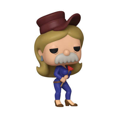 Figura estilizada tipo boneco com fatos azul e chapéu vermelho segurando desentupidor